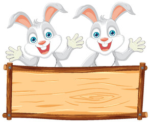 Two cartoon rabbits holding a blank wooden sign. - 775620579