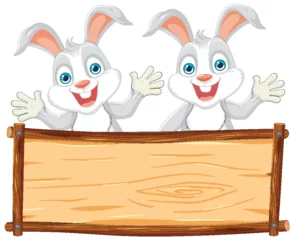 Fotobehang Kinderen Two cartoon rabbits holding a blank wooden sign.