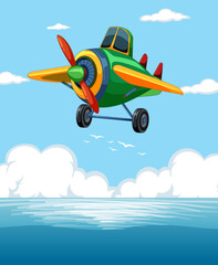 Brightly colored aircraft flying above clouds