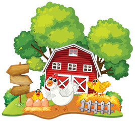 Colorful farm scene with animals and a red barn - 775620599