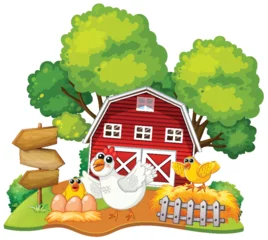 Zelfklevend Fotobehang Kinderen Colorful farm scene with animals and a red barn