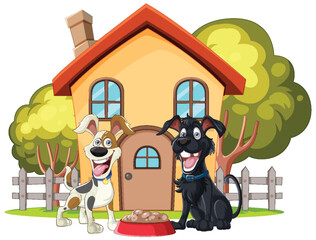 Two cheerful dogs sitting by a cozy house. - 775620713