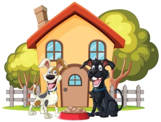 Keuken foto achterwand Kinderen Two cheerful dogs sitting by a cozy house.