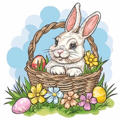 Bunny in Easter basket and Easter eggs
