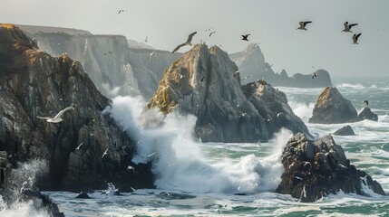 Wild coastline featuring jagged cliffs and crashing waves. - obrazy, fototapety, plakaty