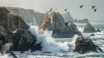Fotobehang Wild coastline featuring jagged cliffs and crashing waves. © dekreatif