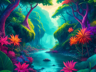 Obraz na płótnie Canvas Colorful fantasy illustration of a jungle background