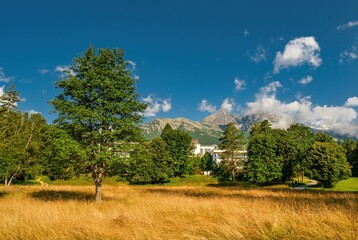 Park in Tatranska Lomnica. Slovakia. Accommodation under the Tatras in the background of the Tatras with the Lomnicky peak