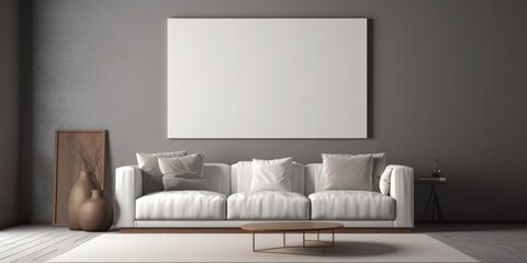Fototapeta na wymiar interior design with a white couch as the main furniture piece, a picture frame on the grey wall