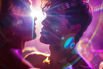 Handsome young gay man in a gay club dancing on a guy