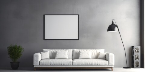 interior design with a white couch as the main furniture piece, a picture frame on the grey wall