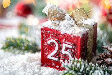 Red festive christmas present box with 25 number on it for December 25 Christmas day