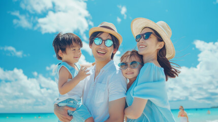 Portrait of a Japanese Asian family on holidays at the beach with beautiful blue sky and copy space