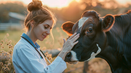 Young veterinarian woman taking care of the health of a cow in a farm wearing white vet uniform , the girl is doing the profession with love for farm animals - Powered by Adobe