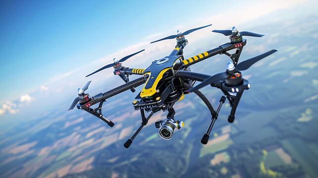 A drone quadcopter in action, its digital camera poised to capture breathtaking aerial footage, epitomizing the fusion of technology and creativity in modern photography