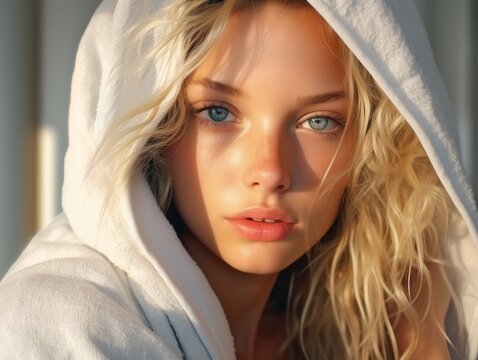 A woman with striking blue eyes wearing a white hoodie stands confidently in the foreground, capturing attention with her intense gaze.