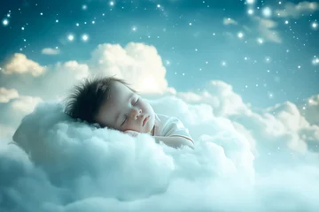 Fotobehang Adorable baby sleeping in clouds like little angel. newborn baby sleeping in clouds floating © zamuruev