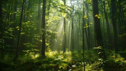 Fototapeta premium Verdant forest with tall trees forming lush canopy.