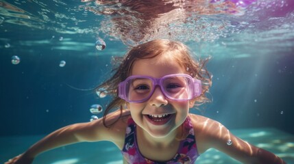 Naklejka premium Cheerful little girl with pigtails swims underwater in the pool