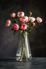 peonies in a glass vase on a dark background still life