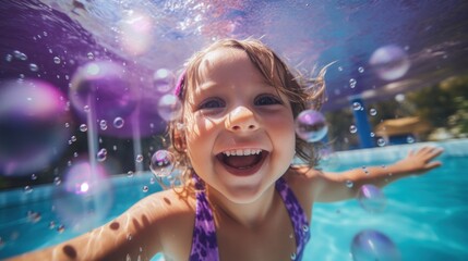 Cheerful little girl with pigtails swims underwater in the pool