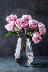 peonies in a glass vase on a dark background still life