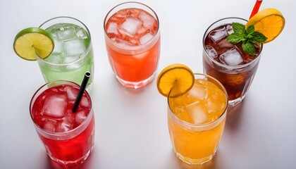 Collection top view of glasses with Soda colorful drinks menu isolated on background, mocktail or cocktail for refreshing.