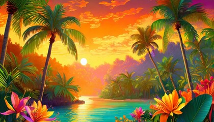 Fototapeta na wymiar an exotic orange background wallpaper, featuring lush palm trees, tropical flowers, and golden sunsets, transporting viewers to a paradise getaway