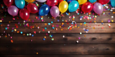 colorful party balloons Rainbows and confetti on a wooden plate - obrazy, fototapety, plakaty
