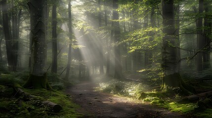 Obraz premium Tranquil forest path winding through towering trees and lush undergrowth.