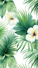 Fototapeta na wymiar Beautiful large flowers with tropical leaves