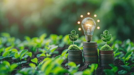 Alternative or renewable energy financing program, financial concept Green eco friendly or sustainable energy symbols atop five coin stacks e.g a light bulb, a rechargeable battery, solar cell panel. - obrazy, fototapety, plakaty