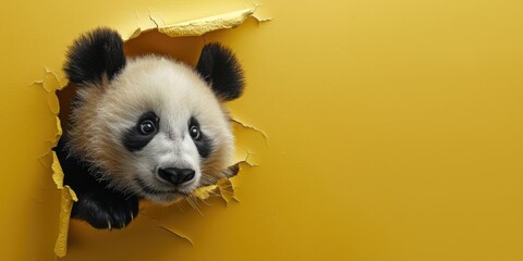 Close up view picture of the hollow yellow hole on the the wall that show the panda stay inside the...