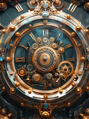 Ornate clockwork mechanism detailed in a steampunk illustration style with metallic sheen and gears.