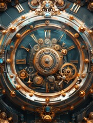 Obraz premium Ornate clockwork mechanism detailed in a steampunk illustration style with metallic sheen and gears.
