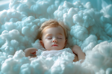 Adorable baby sleeping in clouds like little angel. newborn baby sleeping in clouds floating