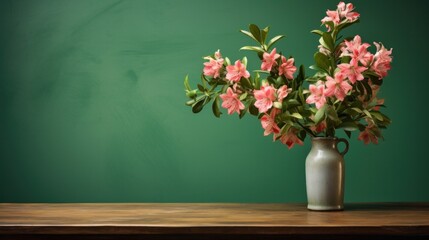 Flowers in a vase on a wooden table on a green wall, background