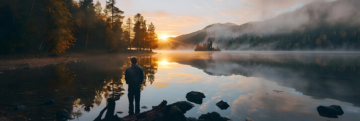 Lone wanderer witnessing sunrise over the lake - obrazy, fototapety, plakaty
