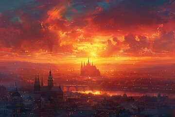 Sunset vista over the city illustrated with warm glowing pastels and soft