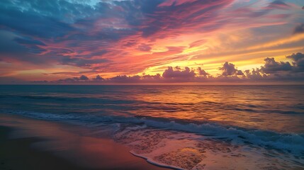 Vibrant hues of sunset paint ocean horizon in a spectacular display.