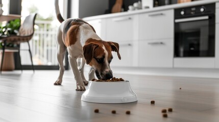 Dogs eat food, animal feeding and pet care.