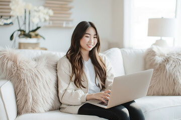smiling young Asian woman sitting on sofa using laptop. remote work or study concept