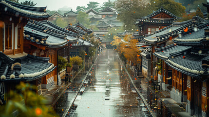 hanok village street in a rain