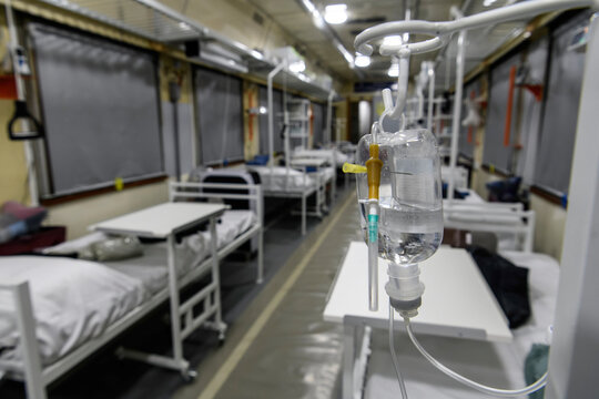 Medical wagon insode a special evacuation train with equipment, allowing to transport seriously injured servicemen and providing emergency medical aid right on the spot, Kyiv, Ukraine