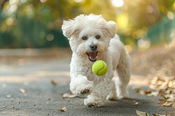 Playful happy cute white pet dog playing, running and bringing a tennis toy ball.