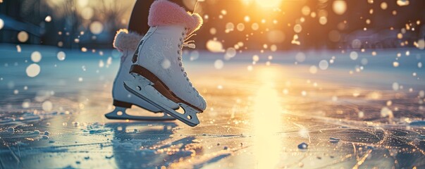 ice skating on winter rink. Speed skating shoes detail