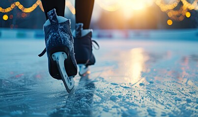 ice skating on winter rink. Speed skating shoes detail - obrazy, fototapety, plakaty