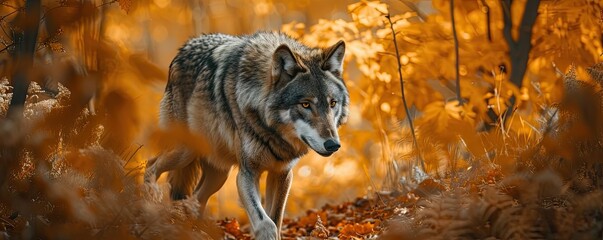 Wolf in Autumn forest with orange yellow colors in background. Wolves in natural habitat in wide banner