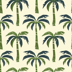 ornament of green palm trees on a light background, vintage graphic design, muted, pastel tones, seamless pattern for application to fabric, printed products