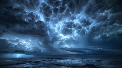 Brilliant lightning flashes illuminate stormy sky with dramatic swirling clouds. - obrazy, fototapety, plakaty
